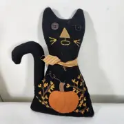 Vintage Primitive Look Stuffed Black Fabric Cat Embroidered Pumpkin Shelf Sitter