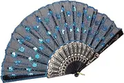 DOITOOL Fashion Peacock Pattern Folding Hand Fan Embroidery Hand Fan for Summer Travel Dance and Photography Props Portable Accessory for Weddings and Performances