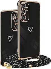 [HomiTunky] Mobile Phone Chain Case Compatible with Oppo Find X5 Pro with Strap - Ultra Thin Camera Protection Heart Love Design Electroplating TPU Silicone Protective Case Cord for Hanging, Black