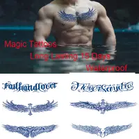 在飛比找蝦皮購物優惠-大號魔術紋身貼紙藍色持久 15 天胸部紋身防水翅膀英文字母圖