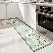 Feblilac Flower Green Kitchen Mat，Fresh Plant Non-Skid PVC Cushioned Anti-Fatigue Comfort Standing Mats，Rhombuses Triangles Waterproof and Oil Proof Floor Runner Rug for Home