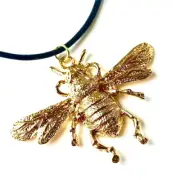 Bumble Bee Pendant Necklace Gold Plated Leather Black Cord 20-22" Insect Bea