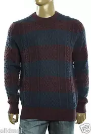 New Mens Tommy Hilfiger Mikey Rugby Stripe Cable Knit Navy Crew Neck Sweater L
