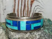 Massive Navajo Turquoise Lapis Inlay Cuff Bracelet Sterling Silver R. Brown