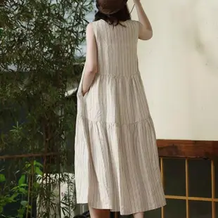 【ACheter】條紋文藝長款裙無袖圓領亞麻感氣質連身裙寬鬆長版洋裝#117742(條紋)