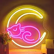SHENEON Moon and Cat Magic Light Sign - Anime Wall Decor for Girls Room - USB Powered Pink LED Neon Sign for Bedroom - Birthday Gift - 11.6 * 11.8 Inch