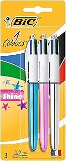BIC 954330 4 Colours Shine Retractable Ball Pen Medium Point (1.0 mm) - Assorted Body Colours, Pack of 3 Pens