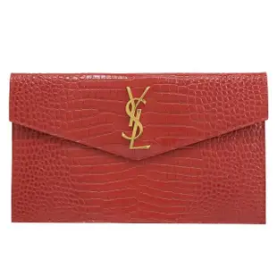 【YSL】金屬LOGO鱷魚紋小牛皮信封造型大手拿包晚宴包(紅 大款)