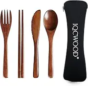 Wooden Cutlery Set Portable, Travel Utensils, 4 Piece Set With Reusable Spoon, Fork, Knife, Chopsticks for Camping and Travel