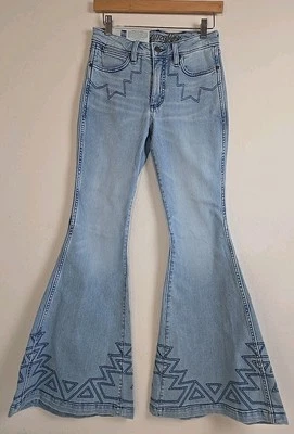 Wrangler Retro Womens Jeans 26x34 Blue Flare Bell Bottom Western Embroidered NWT