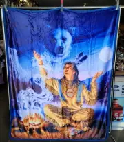 INDIAN BRAVE SPIRIT OF THE BEAR FIRE SKY BLANKET THROW SHERPA BACK 50 X 60
