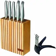 Furi Pro Wooden Knife Block Set 7 Pc, Knife Block with Five Premium Knives and Knife Sharpener for A Superior Cutting Performance, Stainless Steel Blades, Ergonomic Reverse-Wedge, Anti-Fatigue Handle