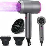 Portable Ionic Hair Dryer, Powerful 1500W Fast Drying Blow Dryer with 2 Nozzle 1 Diffuser Attachments for Home Salon Travel (AU Plug) (Grey + Purple)
