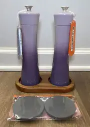 "Provence" LE CREUSET Salt Pepper Mill Set Teak Tray & Caps Minimalist Grinders