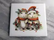 Christmas Mice Couple Trivet Ceramic Coaster Holiday Hot Pad Version B