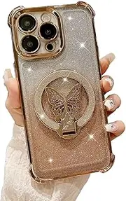 [PONRFEKT] Electroplated Glitter Case for Oppo A17 with Butterfly Stand,for Women Girls Transparent Protective Cover Gradient Glitter,Stylish Shockproof Cover,Gold