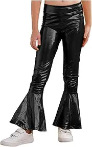 [Jhaoyu] Girls Shiny Metallic Ruffle Hem Pants Bell-Bottom Bronzing Leggings High Waist Elastic Street Dance Jumpsuit