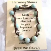 New Harmony Stones Bracelet LUCK Green Amazonite Sterling Silver Braided ON CARD