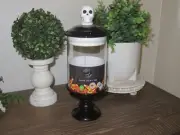 Halloween Skeleton Glass Black Candy Jar Hand Painted Cobwebs & Cauldrons NEW