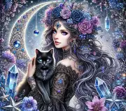FANTASY WITCH BLACK CAT BLUE & PURPLE FLORAL COMPUTER MOUSE PAD 9.25 X 7.75 GIFT