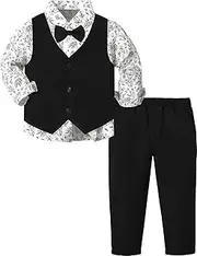 [A&J DESIGN] 4pcs Baby & Toddler Boy Print Suit Set for 12 Months - 5T, Shirt & Pants & Vest & Bow Tie