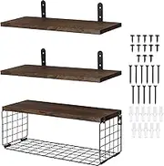 ZFLYCANP Toilet Paper Storage Basket,Solid Wood Bathroom Wall,Floating Bathroom Shelf Wall,3Pcs Floating Shelves Set Wall Mounted Floating Shelf with Wire Basket Wooden Floating Storage Basket (B)