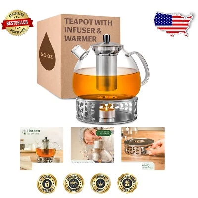 Elegant 50 oz Borosilicate Glass Teapot with Infuser & Warmer - Dishwasher Safe