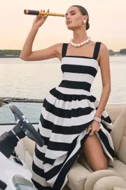 Monte Carlo | Black & White Striped Square-Neck Drop-Waist Midi Dress