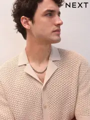 Neutral Relaxed Fit 100% Cotton Crochet Knitted Shirt with Cuban Collar (AJ8727) | $69