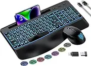 Ergonomic Silent Wireless Keyboard & Mouse Combo 7 Backlit Effects, Wrist Rest, Phone & Tablet Holder 2.4GHz Ergonomic Mouse & Keyboard for Windows,
