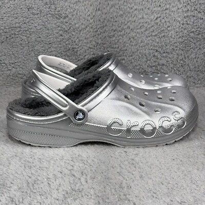 Crocs Baya Lined Printed Mens Size 11 Slip On Clog Shoes Silver Metallic Comfort