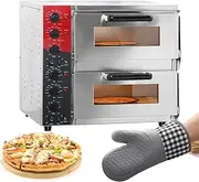 Electric Pizza Oven, 16 Inch Countertop Double Deck Pizza Oven with Glass Window, with Timer & Temperature Control, Multipurpose Indoor Pizza Oven, for Home and Commercial Use