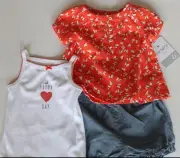 Carter's NWT Girl's 0 3 6 Mo. 3 pc Set 2 Tops + Chambray Bloomer Bubble Shorts