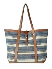 Ralph Lauren RRL Indigo Striped Cotton Canvas Leather Tote Bag New