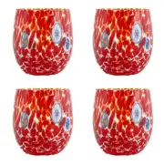 Set of Four 4 Murano Glass Tumblers Red Multi Millefiori Venice