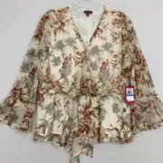 New Vince Camuto Red Cream Floral Flare Sleeve Chiffon Feminine Blouse XL