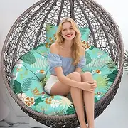 Outdoor Round Egg Chair Cushion Replacement, Waterproof 45"L x 45"W Thicken Swing Egg Chair Cushions with Headrest Pillow, Soft Wicker Basket Eggs Chairs Pad for Indoor Garden Cyan Flower leaves
