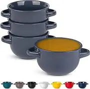 KooK Soup Bowls, French Onion Soup Bowls, Soup Crocks, Oven Safe Bowls, Soup Mugs, Ceramic Bowls, Dishwasher, Microwave, Set of 4, 18 oz (Denim)