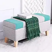 Modern Ottoman Linen Padded with Storage Rectangular Footrest Shoe Changing Stool for Living Room Bedroom Entryway Hallway-Gray-Green 90x40x43cm(35x16x17inch)