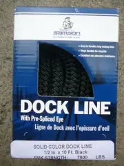Super Strong SAMSON 1/2" x 10' Double Braid Nylon Black Dock Line, Spliced Eye