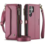 Crossbody Wallet Case For Samsung Galaxy Z Fold 6 with RFID Blocking, Flip Zipper Card Holder Leather Case with Hand Strap