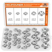 38 Pieces 4 Sizes Flange Nuts, Serrated Flange Hex Lock Nuts Assortment Kit, 304