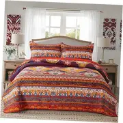 Cotton Bedspread Quilt Sets-Reversible Patchwork Coverlet Set, European Boho