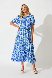 Roselle Maxi Shirt Dress Short Sleeve in Blue Leaf Print 8