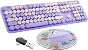 Wireless Keyboard and Mouse Combo, Ergonomic Cute Retro Typewriter Full Size Colorful USB Cordless Keyboard Mouse Set for Gaming and Office (Purple)