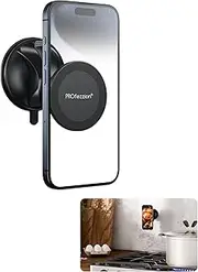 PROfezzion Mirror Phone Holder Magnetic, Suction Cup Phone Mount Stand Rotatable for Bathroom Shower Glass Tile Make-up Gym Live Stream, Long Lasting for iPhone 15 14 13 12 & All Phones, Black