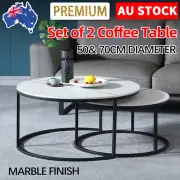 Set of 2 Coffee Table Nesting Side End Desk Round Marble Table Furniture Wooden