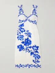 [Farm Rio] Farm Rio - Cascade Shirred Printed Linen Midi Dress - Blue - small small Blue