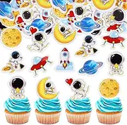 Cyodoos 40Pcs Edible Outer Space Cupcake Toppers Space Astronaut Cupcake Picks Rocket Planet Trip to the Moon Cake Decoration for Outer Space Astronaut Theme Baby Shower Birthday Party Decorations