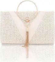 [CORIOS] Straw Evening Bag for Women Handwoven Clutch with Tassel Handbag With Detachable Chain Bridal Wedding Purse